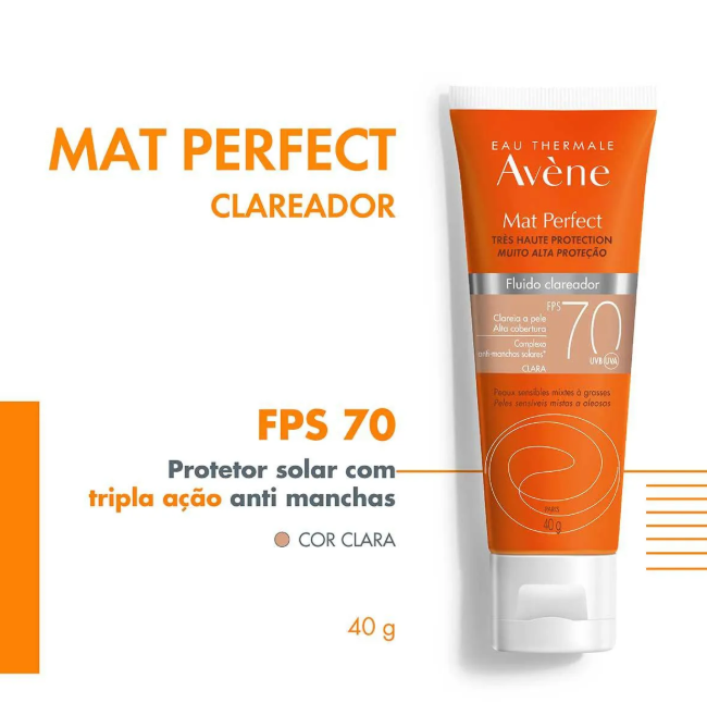 Protetor Solar Facial Avène Mat Perfect FPS70 Fluido Clareador Claro 40g - Imagem 2